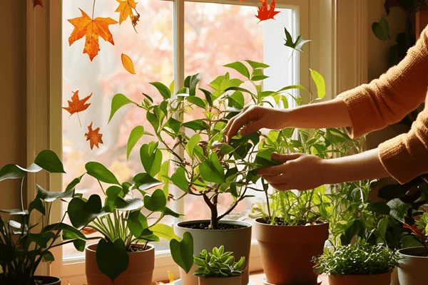 person wiping foliage of plant free from dust in front of a window with light coming in